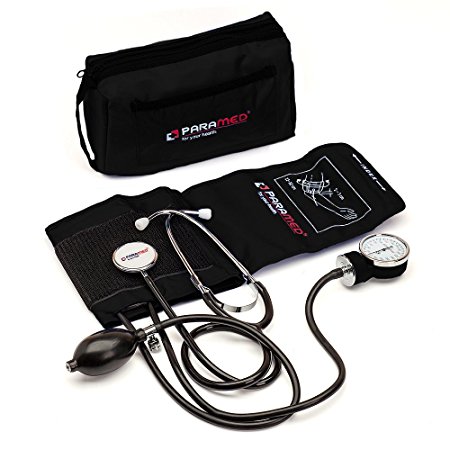 Manual Blood Pressure Cuff By Paramed – Professional Aneroid Sphygmomanometer With Carrying Case – Adult Sized Cuff – Blood Pressure Monitor Set With Stethoscope (Black)