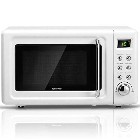 COSTWAY Retro Countertop Microwave Oven, 0.7Cu.ft, 700-Watt, Cold Rolled Steel Plate, 5 Micro Power, Defrost & Auto Cooking Function, Delayed Start Function, with Glass Turntable & Viewing Window, LED Display, Child Lock (White)