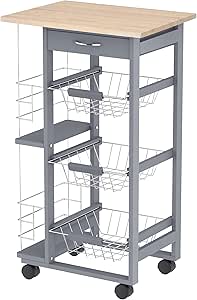 HOMCOM Chariot de Service desserte de Cuisine à roulettes Multi-rangements 3 paniers métal tiroir   2 Range-Bouteilles Bois pin Gris