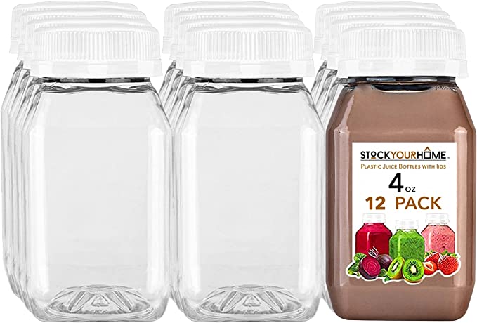 4 Oz Plastic Bottles with Caps (12 Pack) - Mini Juice Bottles with 18 Caps - BPA Free & Leak Resistant Bottles for Ginger Shot, Juicing, Oat & Nut Milk - Disposable Bottles for Takeout - Stock Your Home