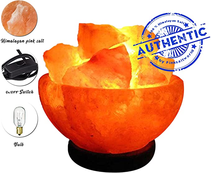 Himalayan Salt Fire Bowl Lamp - Salt Lamp with Chunks Wood Base Salt Lamp with On and Off Switch/Dimmer - 5-7 Lbs - Bulb with 6-8 Inches UL Electric Corded (Fire Bowl)