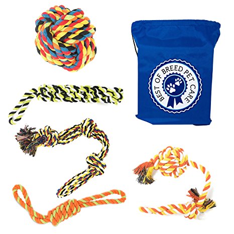 Dog Rope Toys for Large & Extra Large Dogs, 5 Heavy Duty Chew Toys for Aggressive Chewers, Ideal for Teething & Interactive Play, 6 Pack Including Sling Sack Bag, Multicolor
