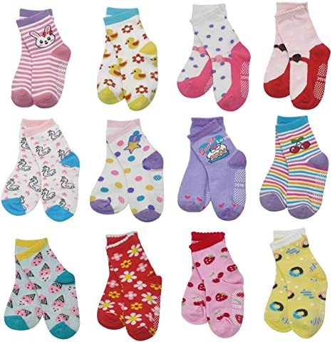 12 Pairs Kids Non Slip Skid Socks Grips Sticky Slippery Cotton Crew Socks For 1-3/3-5/5-7 Years Old Children Youth Boy Girl…
