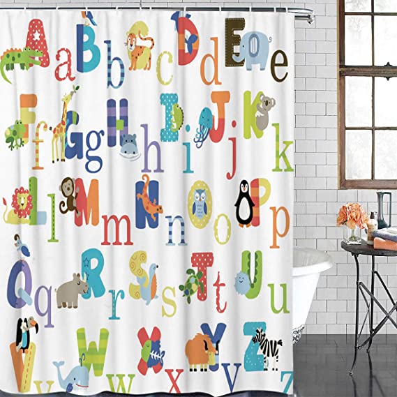 Arts Language Printing Bathroom Shower Curtain Cute Cartoon Animal Alphabet Bath Curtains for Kids/Boys/Girls Bathroom Decor Waterproof Polyester Fabric Shower Curtain with Hooks 72x72in