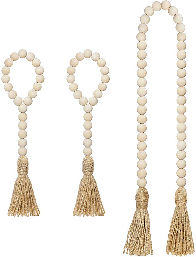 Mkono Wooden Beads Garland with Tassels 3 Pcs Prayer Beads Farmhouse Rustic Wood Bead String Wall Hanging Decor for Baby Nursery Room, Wedding Vase Ornament, Ivory