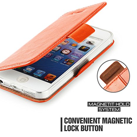 iPhone SE Case,iPhone 5S Case,iPhone 5 Case,Mulbess [Kickstand Feature][Orange] - [Card Slot][Flip][Slim Fit] - PU Leather Wallet Case For Apple iPhone SE 2016