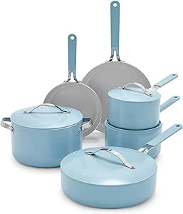 GreenLife Dream 10 Piece Healthy Ceramic Nonstick Cookware Set, Pots and Frying Sauce Saute Pans Set, PFAS-Free, PFOA-Free, Dishwasher Safe, Oven Safe, Stay-Cool Handle, Blue Haze