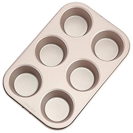 CHEFMADE 6-cavity-2.7" Muffin Pan, Non-stick Carbon Steel Cupcake Mold, FDA Approved for Oven Baking (Champagne Gold)