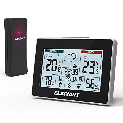 ELEGIANT Wireless Weather Station, Digital Thermometer Hygrometer, Indoor Outdoor Temperature Humidity with Large LCD Screen, Outdoor Sensor, Weather Forecast, Touch Control for Home Office Bedroom