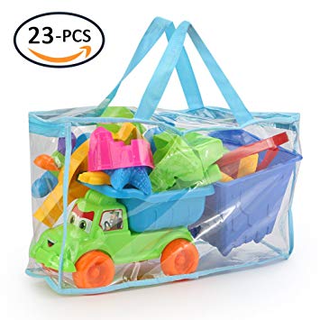 KKONES   Kids Beach Sand Toy Models Set (23PCS)Building Kits Reusable Zippered Bag Bucket Sand Wheel Mini Watering Can Mini Sailing Boat Toy Car Sand Sifter Castle Molds Animal Molds Operating Tool