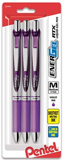 Pentel Pink BCA Pentel EnerGel Deluxe RTX Retractable Liquid Gel Pen Pack, 0.7mm, Medium Line, Metal Tip, Silver Barrel, Violet Ink, 3 Pack (BL77BP3V-BC)