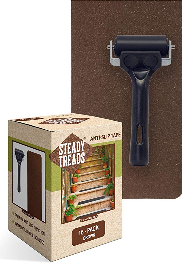 Steady Treads - Set of PVC-Free, Non-Slip Adhesive Stair Treads and Handy Installation Roller (15qty - 4" X 24"   Roller, Brown)