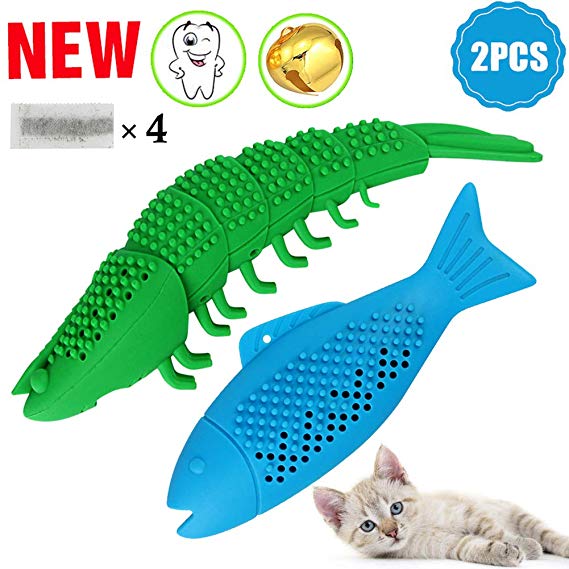 Geila Cat Toothbrush Fish Toy Interactive Catnip Toy Fish Crayfish Shape for Kitten Pet Cats Teeth Cleaning- Durable Natural Rubber- Cat Dental Care, 2 Pack Cat Chew Toy with 4 Pcs Catnip & Cat Bell