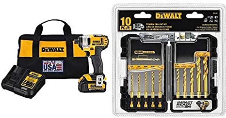 DEWALT DCF885L1 20V MAX 1/4" Impact Driver Kit with 1 Battery with DEWALT Titanium Drill Bit Set, 10-Piece Impact Ready (DD5160)