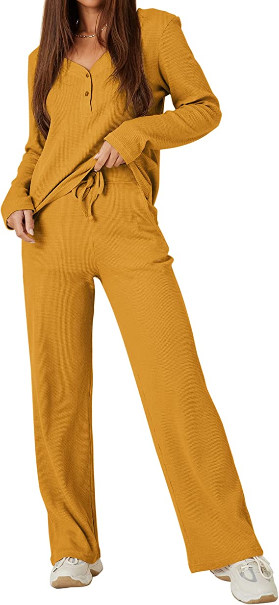 Ekouaer Women's Waffle Knit Pajama Sets Long Sleeve 2 Pices Button Top And Wide Leg Pant with Pockets Loungewear Set Outfits