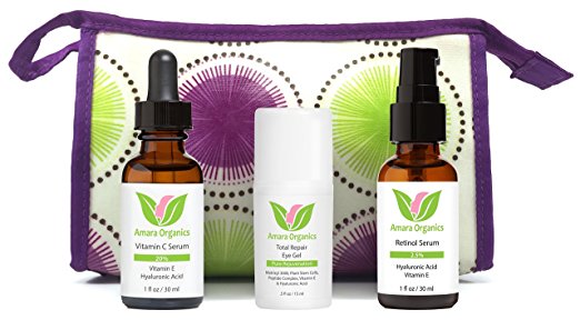 Amara Organics Skin Care Kit with Vitamin C Serum, Total Repair Eye Gel, & Retinol Serum