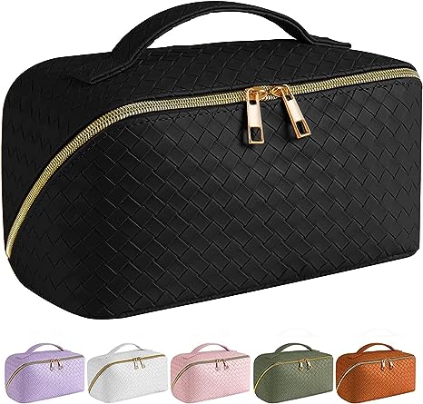 Large Capacity Travel Cosmetic Bag, Multifunctional Storage Makeup Bag Woven Leather Makeup Bag, Waterproof Travel Cosmetic Bags with Handle and Divider for Women(Black-B)
