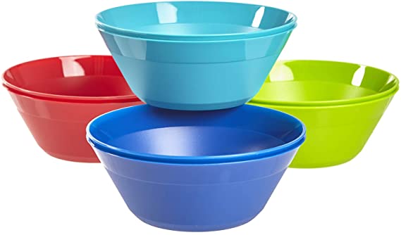 Newport 6-inch Plastic Bowls for Cereal or Salad | set of 8 in 4 Basic Colors