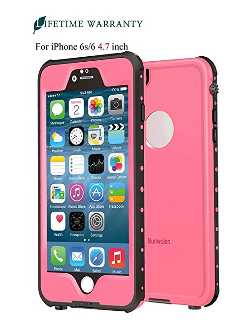 Sunwukin Waterproof Case for iPhone 6s 6 Water Proof Cases, Dot Series IP68 Certified 6.6ft Underwater Shockproof Snowproof DirtPoof Protection Cell Phone Cover for iPhone 4.7 inch - Pink