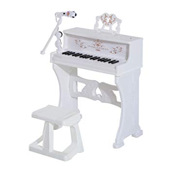 HOMCOM 37 Keys Mini Electronic Keyboard Light Kids Musical Instrument Educational Game Children Grand Piano Toy Set w/Stool & Microphone & Music Stand (White)