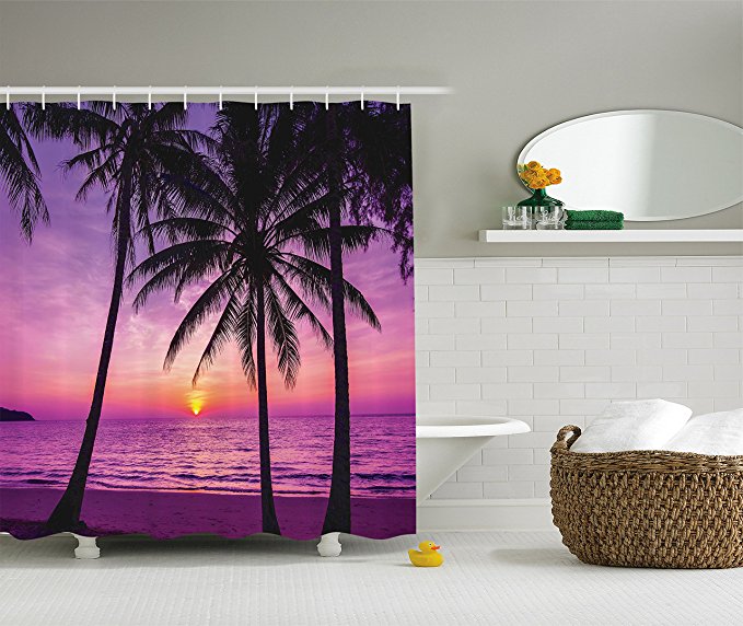 Palm Tree Shower Curtain Ocean Decor by Ambesonne, Palm Trees and Silhouette at Sunset Dreamy Dusk Warm Twilight Pattern, Fabric Bathroom Shower Curtain Set, 70 Inches Long, Purple and Black