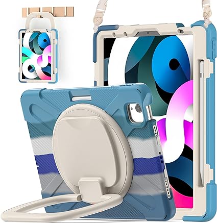 BATYUE iPad Air 5th/4th Generation Case 10.9 inch 2022/2020, iPad Pro 11" 4th/3rd/2nd/1st Gen Case 2022/2021/2020/2018, with Pencil Holder Kickstand Shoulder Strap (Colourful Blue)