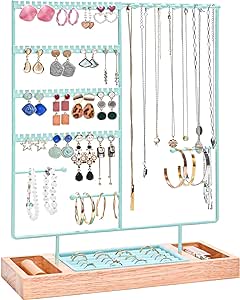 ProCase Jewelry Organizer Stand Earring Holder Organizer, 6 Tiers Earring Organizer Tree Necklace Rack Jewellery Tower Bracelets Holder Storage with Removable Wooden Ring Tray for Women Girls -Blue