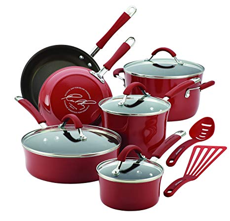 Rachael Ray Cucina Porcelain Enamel Nonstick 12-Piece Cookware Set, Cranberry Red