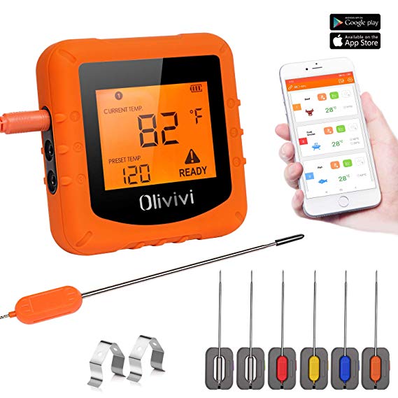 Olivivi Bluetooth Meat Thermometer, Support iOS & Android，Wireless Digital BBQ Thermometer for Grilling Smart with 6 Stainless Steel Probes Remoted Monitor for Cooking.