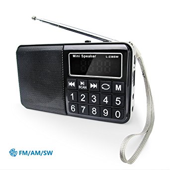 PRUNUS Portable SW / FM / AM MP3 radio with neodymium speaker. Large button and large display. Stores stations automatically. Supports the following: Flash drive / Micro SD card / TF card to allow the user to play stored MP3 files.