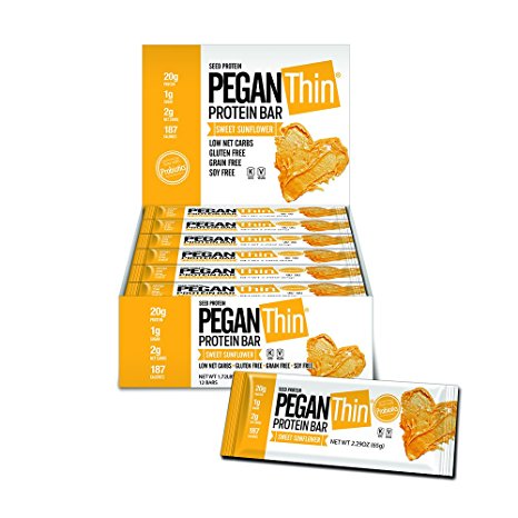 Pegan Thin® Protein Bar (Sweet Sunflower Butter) 12 Bars (20g Plant Protein) (2 Net Carbs 1g Sugar) VeganⓋ