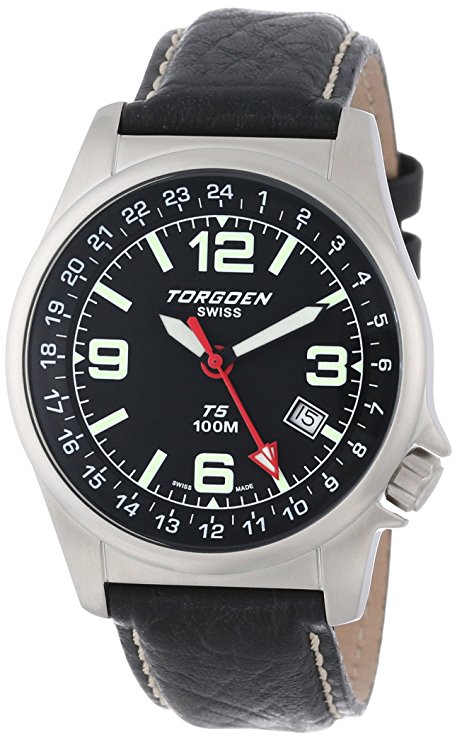 Torgoen Swiss Men's T05101 Dual Time Zone Leather Strap Watch