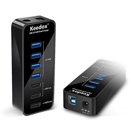 Keedox Universal 7-Port (4 Data Ports & 3 Charging Ports) USB 3.0 Charging Station with 60W UL Certified Adapter