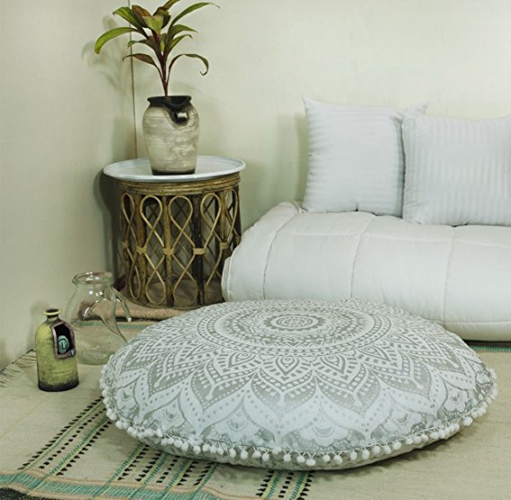 Popular Handicrafts Large Ombre Mandala Round Hippie Floor Pillow Cover - Cushion Cover - Pouf Cover Bohemian Yoga Decor Floor Cushion Case - 32" Silver