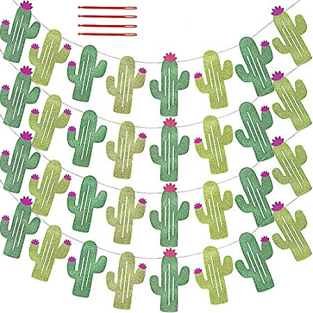 32 Pcs/31.2' (4 Pack) Fiesta Bachelorette Graduation Party Cactus Banner Garland Backgound String Cactus Glitter Green for Kids Birthday Summer Tropical Wedding Taco Cinco De Mayo Party Decor Favor