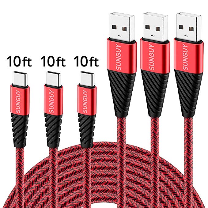 USB C Cable 10FT,SUNGUY [3-Pack] 10FT/3M USB C to USB A Braided Max 5V/2.4A 12W Charging and Data Sync Cable for Samsung Galaxy Note8 S8 S9 Plus,LG G6 G5 V30,Nokia 8,Nexus 5X/6P,OnePlus 5T and More