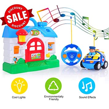 SGILE RC Police Race Car Train Toy & Musical House Toy Set, Remote Radio Control Car with Light Music for Toddlers Baby Kids Child,Blue