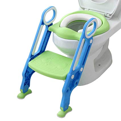 Mangohood Potty Training Toilet Seat with Step Stool Ladder for Boy and Girl Baby Toddler Kid Children Toilet Training Seat Chair with Padded Seat Non-Slip Wide Step (Blue Green Upgrade Cushion Size)