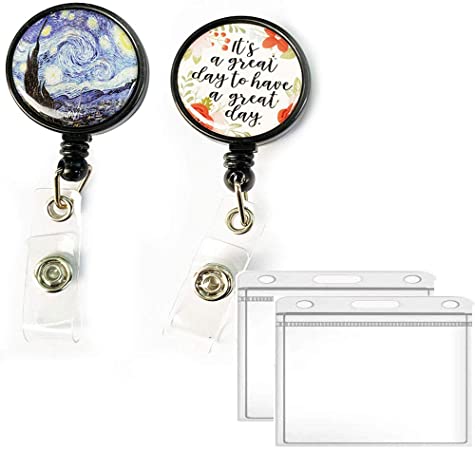2 Pack Retractable ID Badge Holder ID Badge Reels with Clip, ID Card Holder, Belt Clip for Office Worker, Doctors and Nurses (It's Day fanxing)