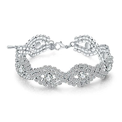 Paxuan Womens Silver Plated White Clear Rhinestone Crystal Wedding Bridal Bracelet Jewelry Link Tennis Bracelet