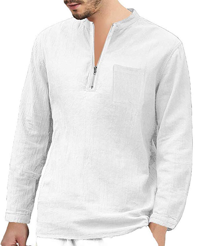 Mens Long Sleeve Henley Shirt Cotton Linen Beach Yoga Loose Fit Henleys Tops