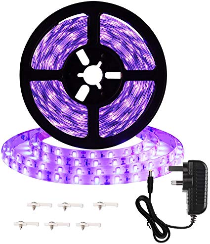 Onforu 16.4ft 5m LED UV Blacklight Strip Kit, 12V 24W Flexible Black Light Fixtures with GS Adapter, 300 UV LED Lamp Beads, Non-Waterproof for Indoor Fluorescent Dance Party, Body Paint