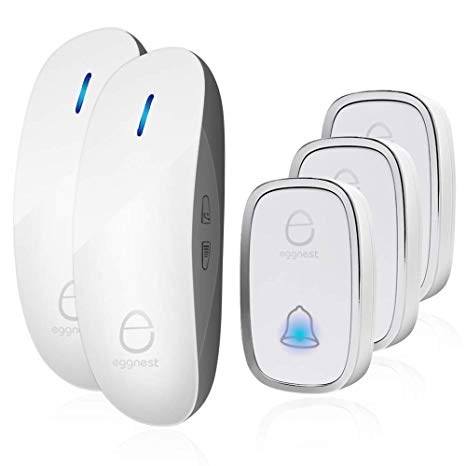 Wireless Doorbell Door Chime Kit Portable Waterproof Push Button over 900ft Long Range 4-Level Volume & Blue Light 36 Melodies to Choose-White (3Transmitters-2Receivers)