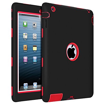 iPad 2 Case, iPad 3 Case, iPad 4 Case, BENTOBEN Heavy Duty Rugged Shock-Absorption / High Impact Resistant Hybrid Three Layer Armor Full Body Protective Case Cover for iPad 2/3/4 Retina - Black/Red