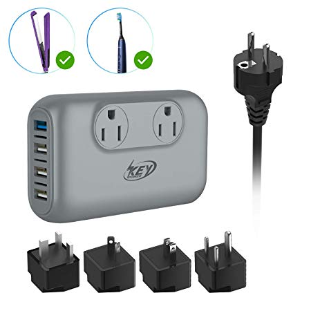 Key Power 220V to 110V Step Down Voltage Converter and International Travel Adapter, for Hair Straightener Flat Iron, Hair Curling Iron, Toothbrush, Laptop - [Safely Use USA Electronics Overseas]
