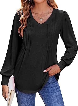 Zeagoo Women'S Puff Long Sleeve Shirts Pleated V Neck Fall Tunic Tops Blouse Dressy Causal Loose Summer T-Shirts