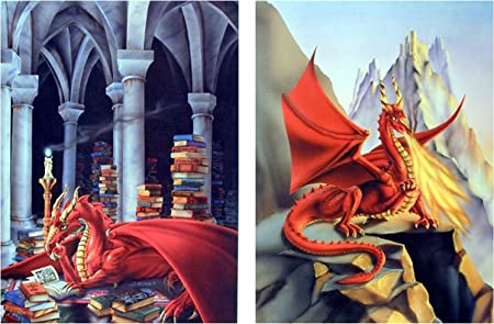 Wall Decor Art Print Poster Red Fire Dragon Sue Dawe Fantasy Two Set Picture (8x10)