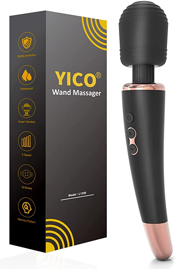 Cordless Personal Wand Massager with 12 Powerful Magic Vibrations, YICO Rechargeable Handheld Back Massager Wand Massage for Deep Muscles Pain Relief