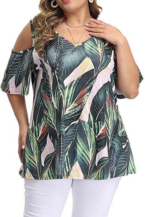 Allegrace Women's Plus Size Floral Printing Cold Shoulder Tunic Top Short Sleeve V Neck T Shirts