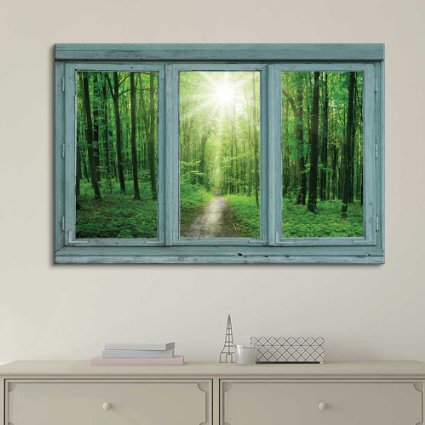 Wall26® - Vintage Teal Window Looking Out Into a Green Forest and the Sun - Canvas Art Home Decor - 24x36 inches
